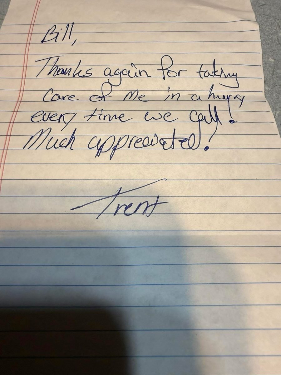 Handwritten thank-you note from a customer named Trent