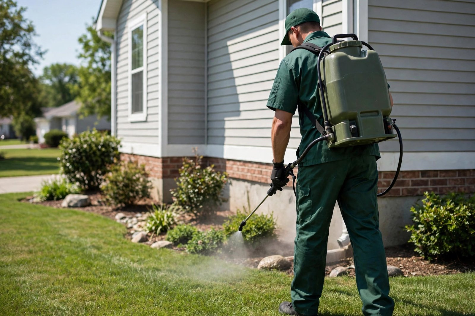 A Convenient Termite and Pest Control technician treating the exterior of a home